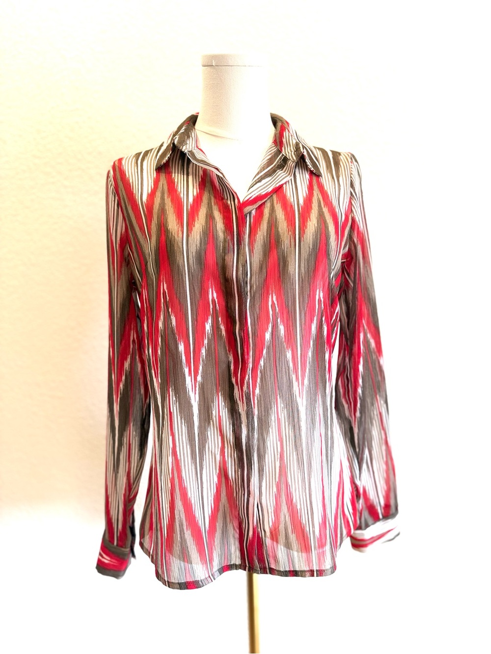 Banana Republic Chevron-Pattern Button-Down Sheer Shirt - Red, Brown, White